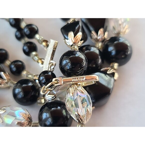 Black And Clear Multistrand Adjustable Beaded Necklace Vintage Japan - Picture 8 of 10
